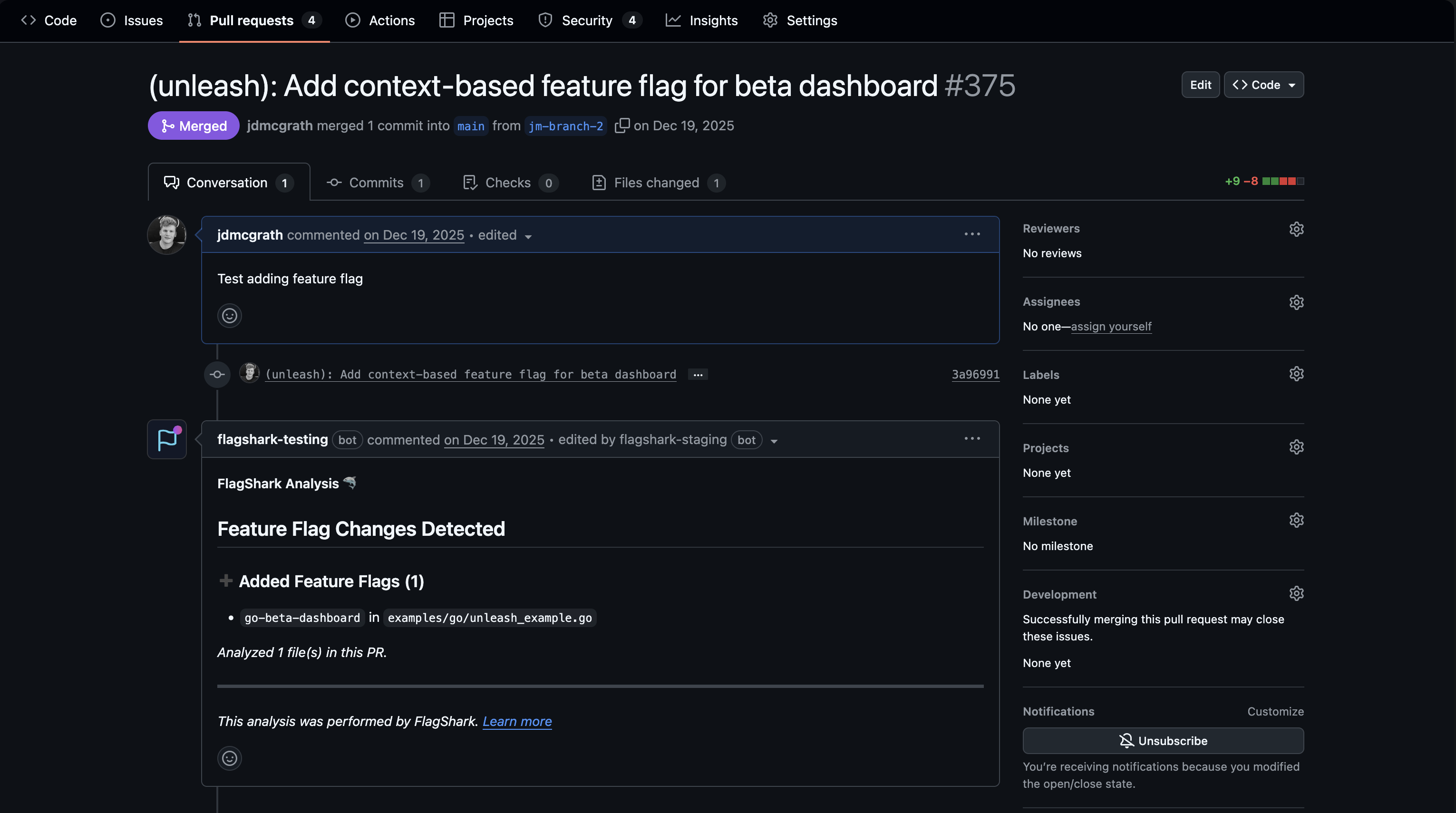 FlagShark PR comment showing detected flags